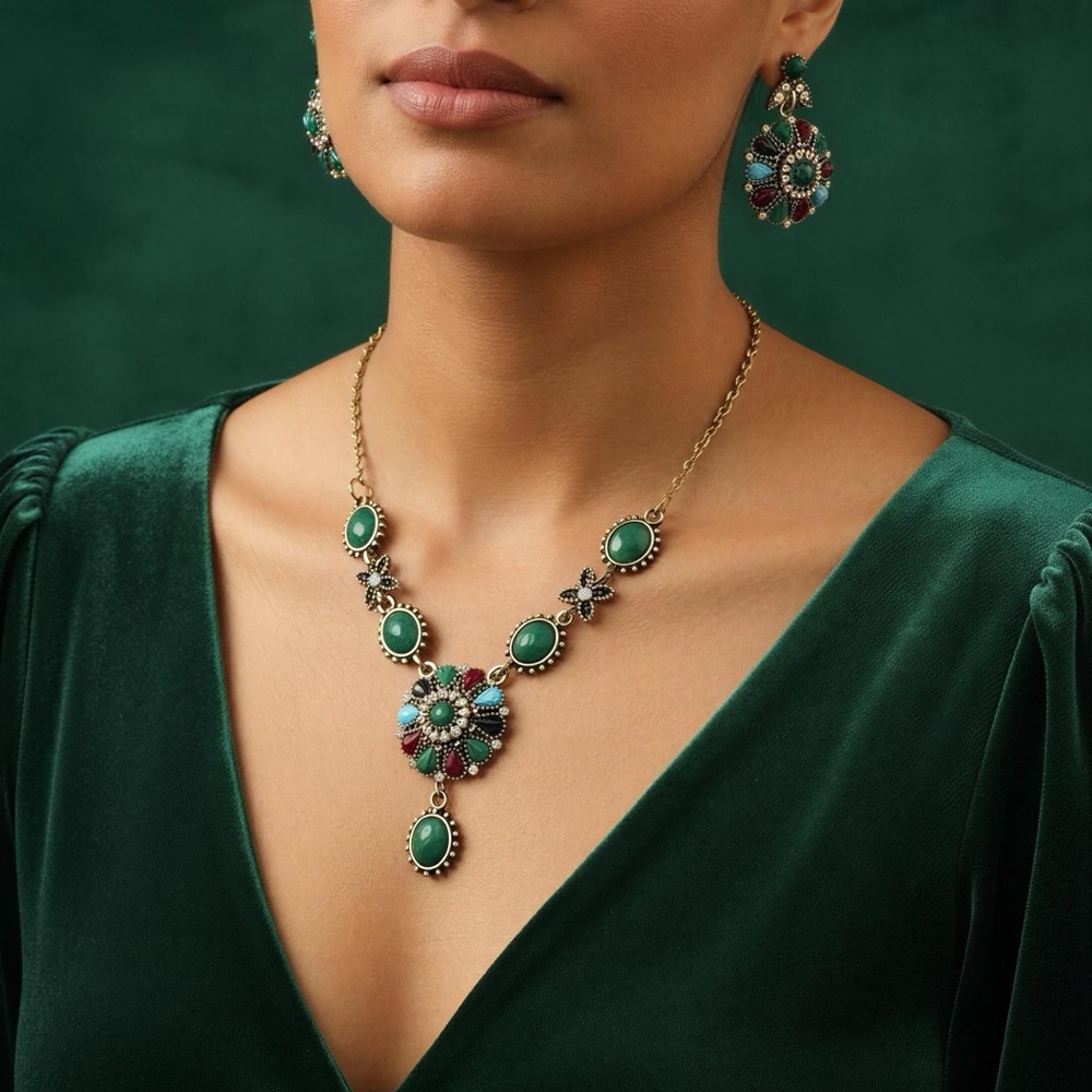 ON SALE GOING FAST!!! Necklace andDrop Earrings - Green, Red, Black & Turquoise